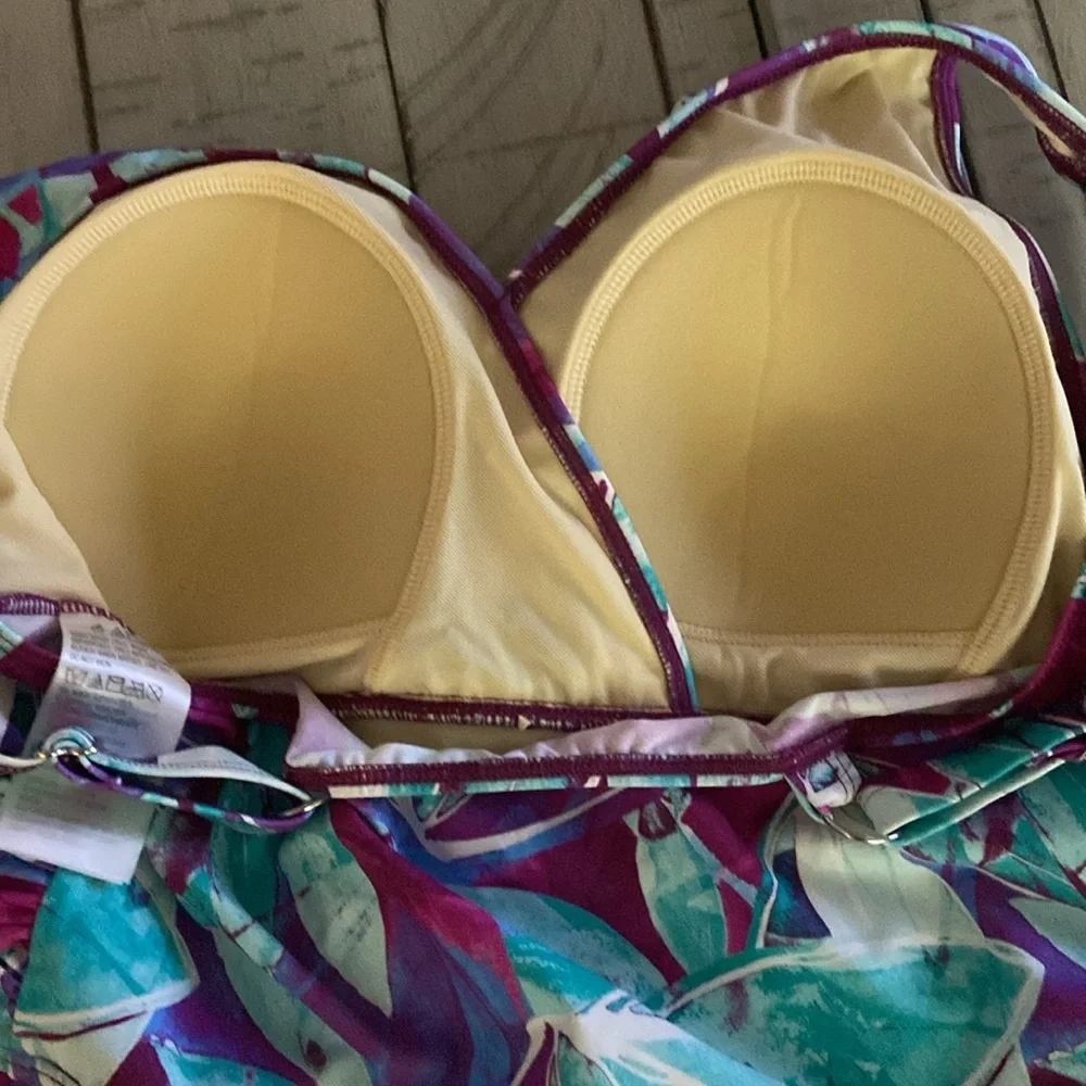 Denim & Co. Beach V Neck Handkerchief Hem Swim Dress Aqua Abstract Palm 10 New - Picture 12 of 15